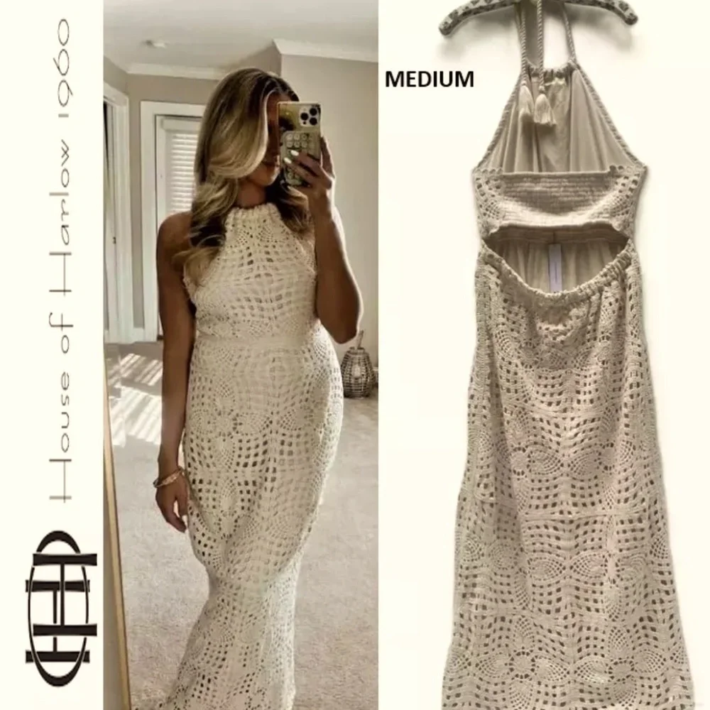 House of Harlow 1960 Ivory Crochet Knit Halter Cutout Back Maxi Dress NWOT - Picture 2 of 12